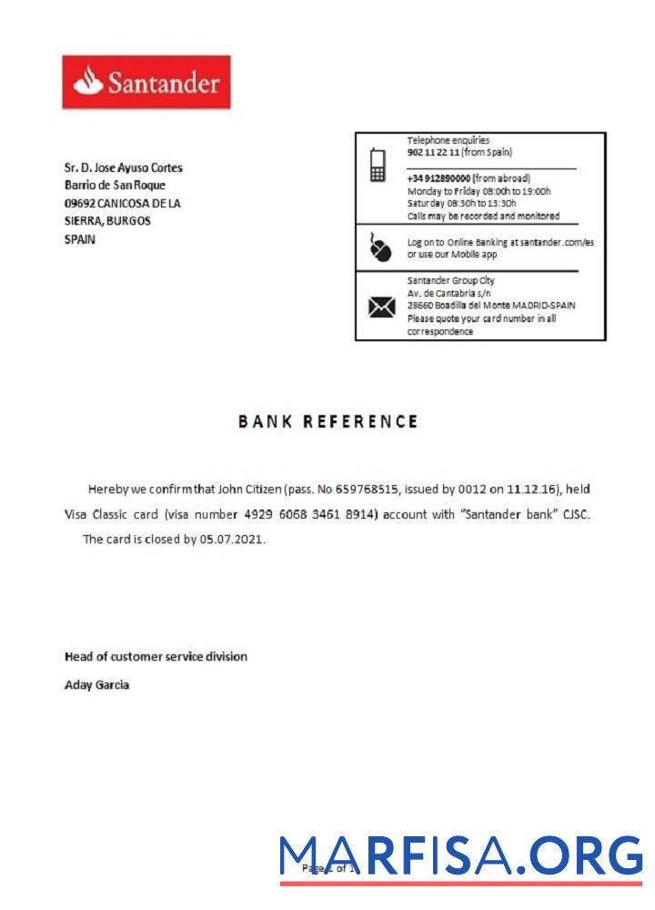 Printable Spain Santander closure reference download for verification